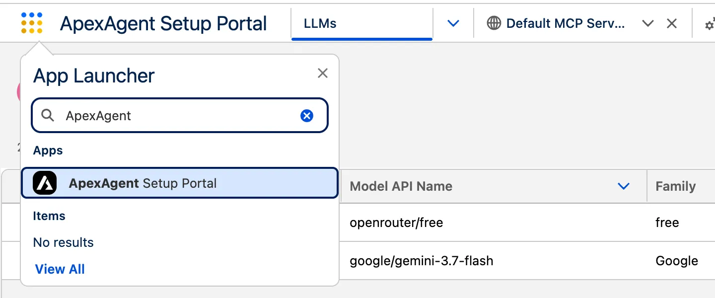 The Salesforce App Launcher with ApexAgent typed in the search box and the ApexAgent Setup Portal app listed under Apps.