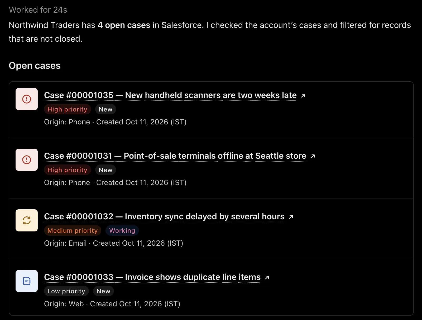 ChatGPT's answer to a question about a customer's open cases: four cases, each linked to its record in Salesforce, with priority and status.
