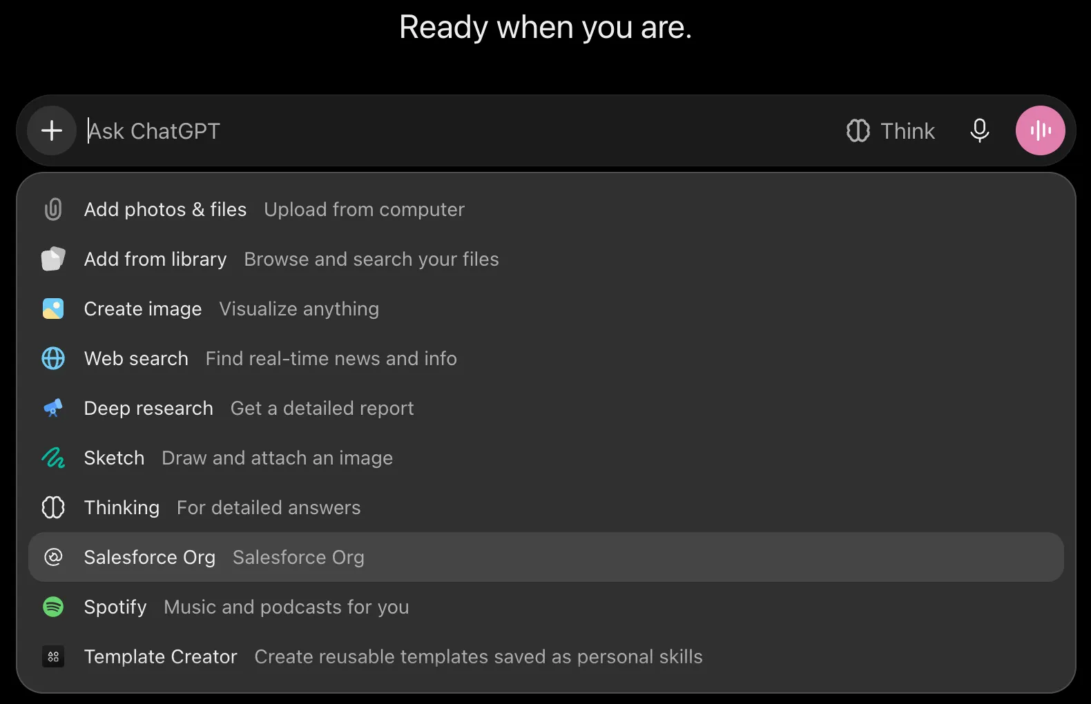 The menu behind the plus button in ChatGPT's message box, with the Salesforce connector listed among the tools.