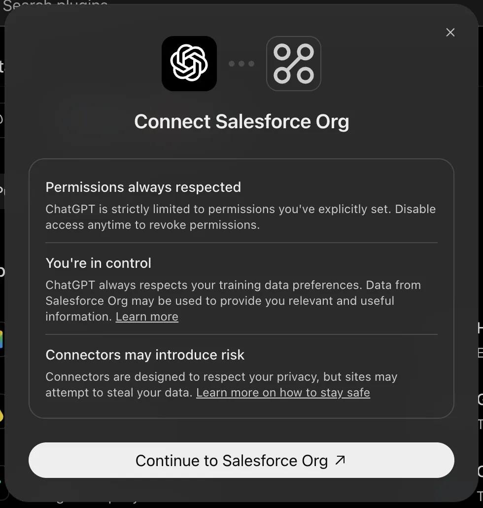 ChatGPT's Connect dialog for the new connector, with a Continue button that leads to the Salesforce sign-in.