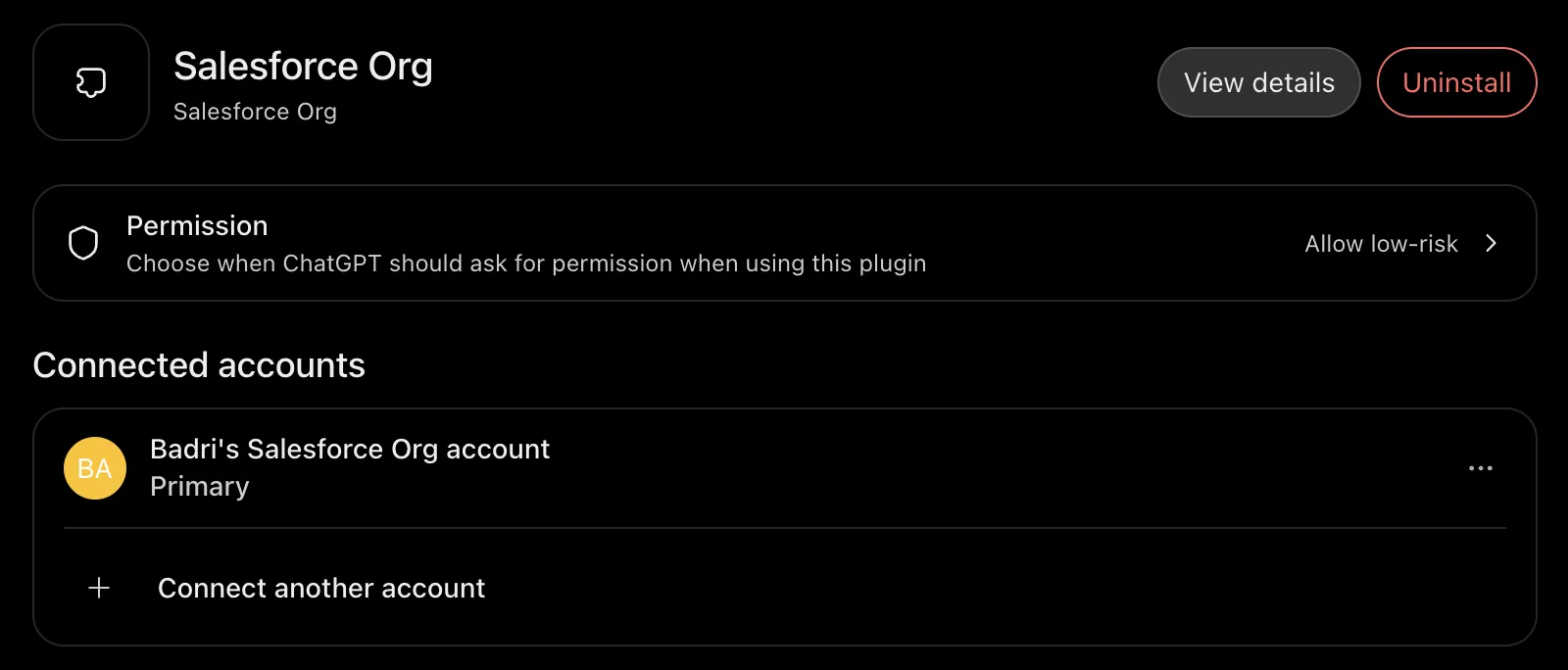 The plugin's settings page in ChatGPT, showing a Salesforce account listed under Connected accounts.