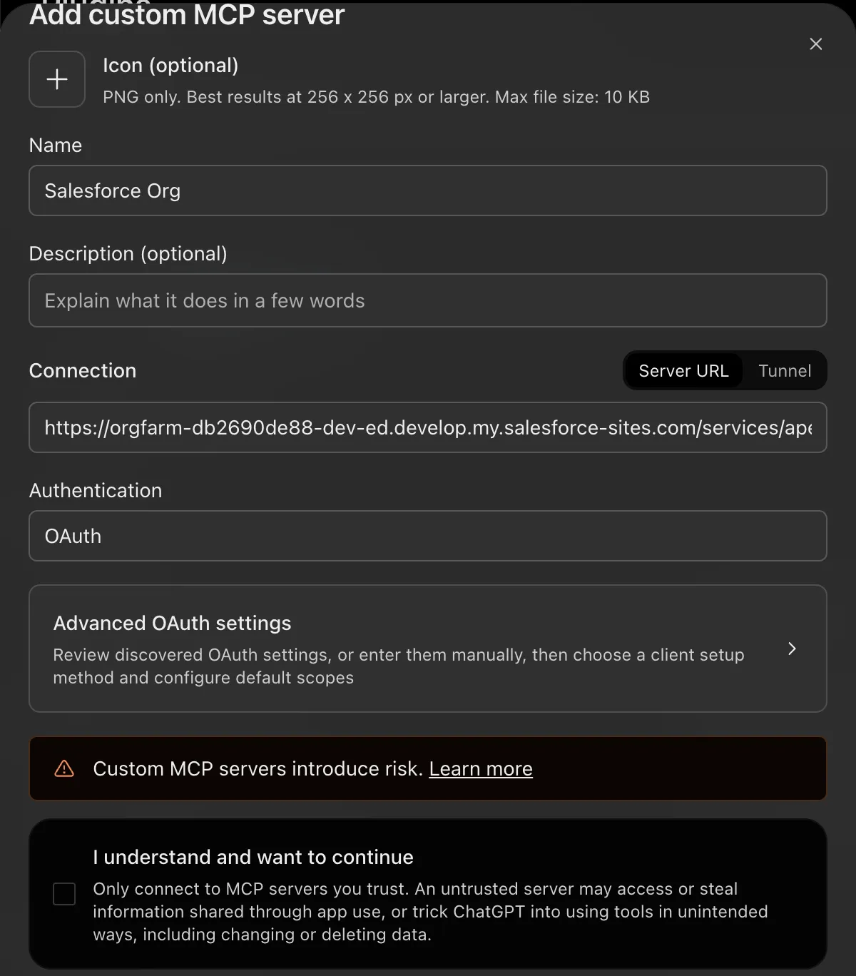 The Add custom MCP server form in ChatGPT with Salesforce Org as the name, the ApexAgent endpoint in the Connection field and OAuth as the authentication.