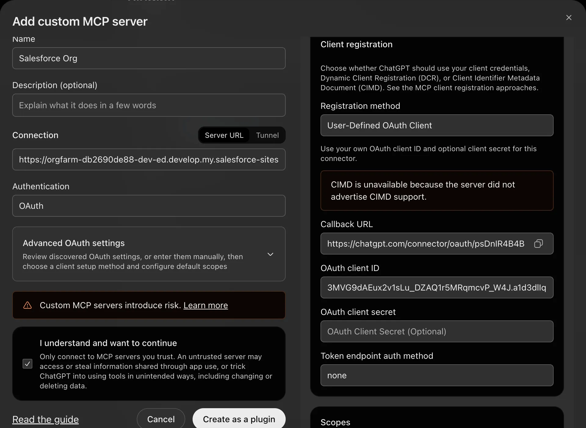 The form with Advanced OAuth settings open. Registration method is User-Defined OAuth Client, a callback URL is shown, the OAuth client ID is filled in, the client secret is empty and Token endpoint auth method is none.