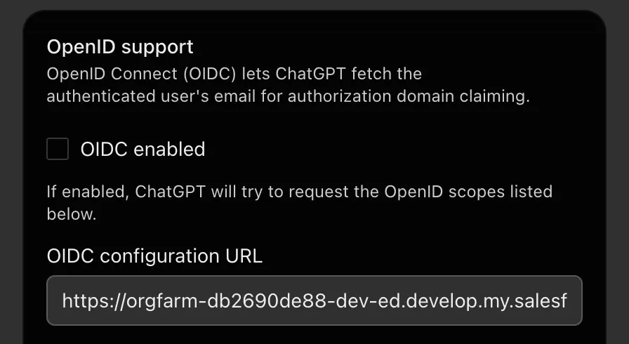 The OpenID support section of the advanced settings with the OIDC enabled box unticked.