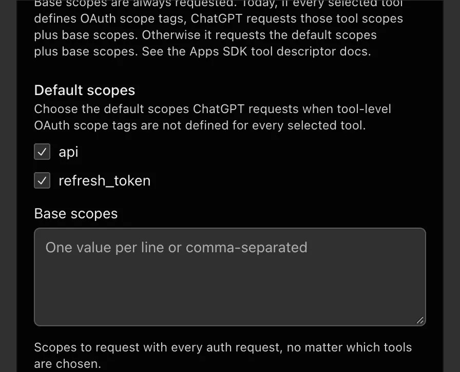 The Scopes section of the advanced settings, with api and refresh_token ticked under Default scopes and the Base scopes box empty.