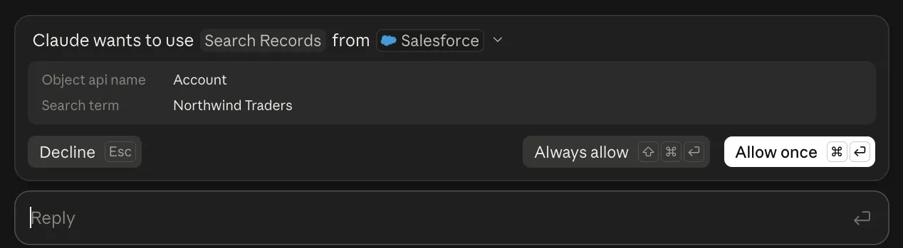 Claude asking for permission to use the Search Records tool from Salesforce, with Decline, Always allow and Allow once buttons.