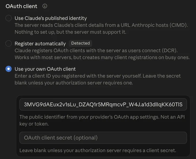The OAuth client options in the Add custom connector dialog, with Use your own OAuth client selected and a client ID entered.