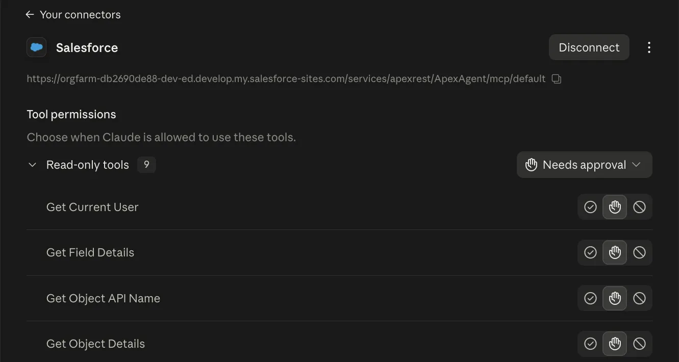 The Salesforce connector in Claude after connecting, listing nine read-only tools such as Get Current User, Query Records and Search Records.