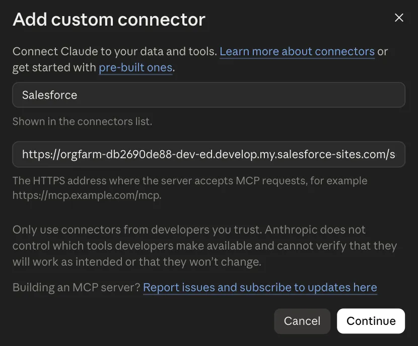 The Add custom connector dialog in Claude, with Salesforce as the name and the ApexAgent endpoint URL in the MCP server URL field.