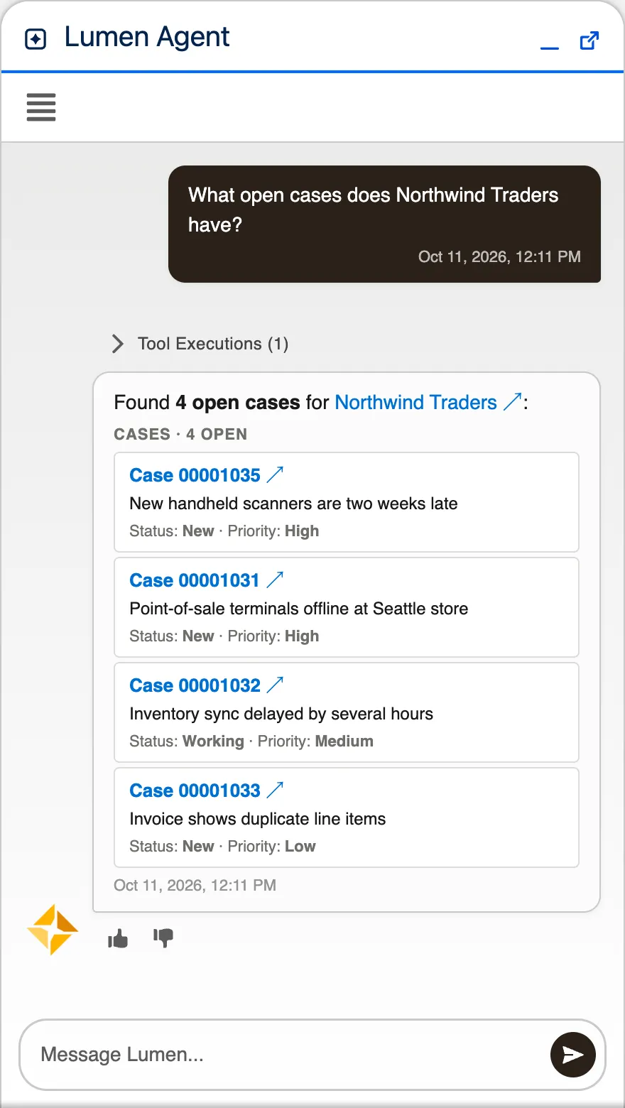 Lumen, the starter agent, in the Salesforce utility bar, answering the same question with a list of four open cases.