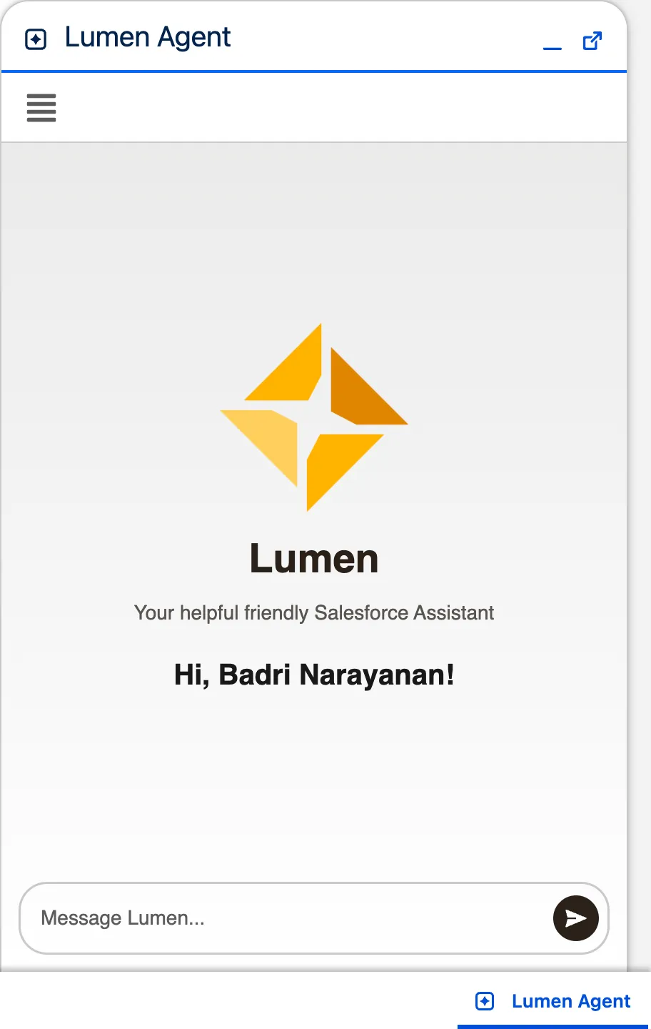 The Lumen Agent panel open from the Salesforce utility bar, showing the Lumen logo, a greeting and a message box.