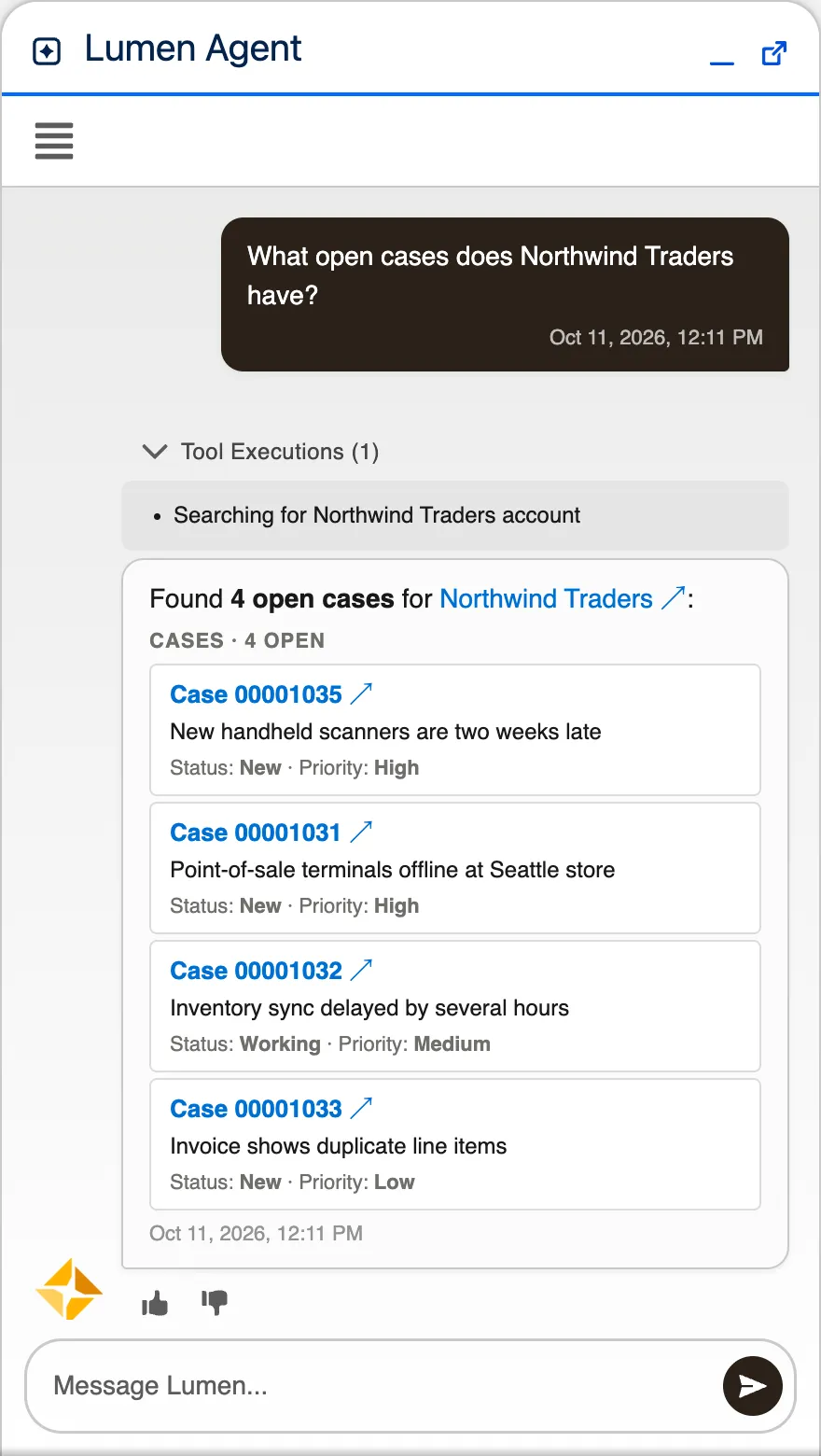 A Lumen reply listing four open cases, with a Tool Executions section above it showing the step Lumen took: searching for the Northwind Traders account.