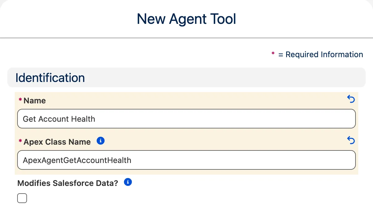The New Agent Tool form with Get Account Health as the name, ApexAgentGetAccountHealth as the Apex Class Name, and the Modifies Salesforce Data checkbox unticked.