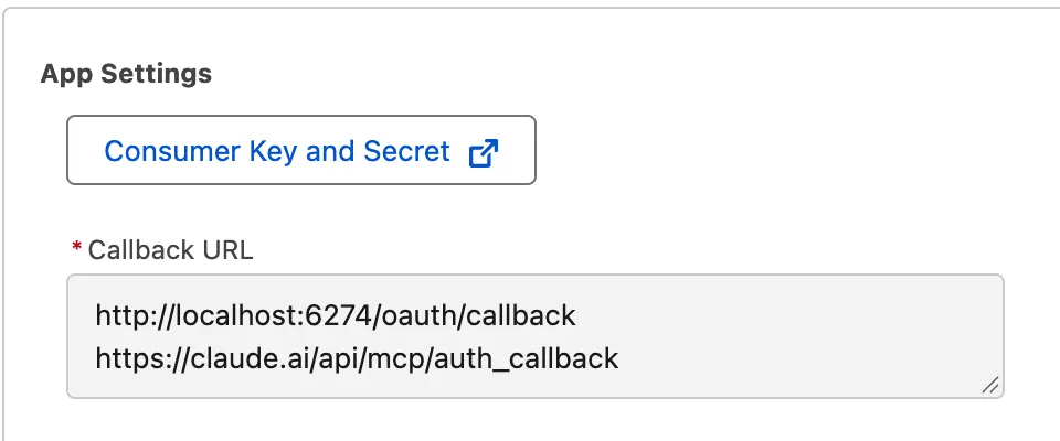 The OAuth Settings section of the ApexAgent MCP external client app, with the Consumer Key and Secret button above the Callback URL list.