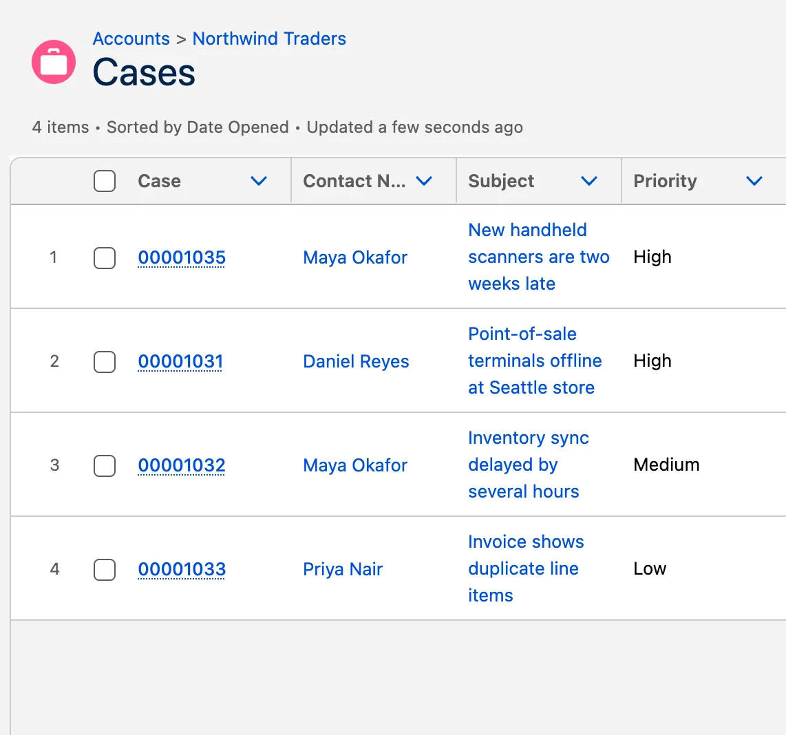 The Cases list for the Northwind Traders account in Salesforce, showing the same four cases that Claude listed.