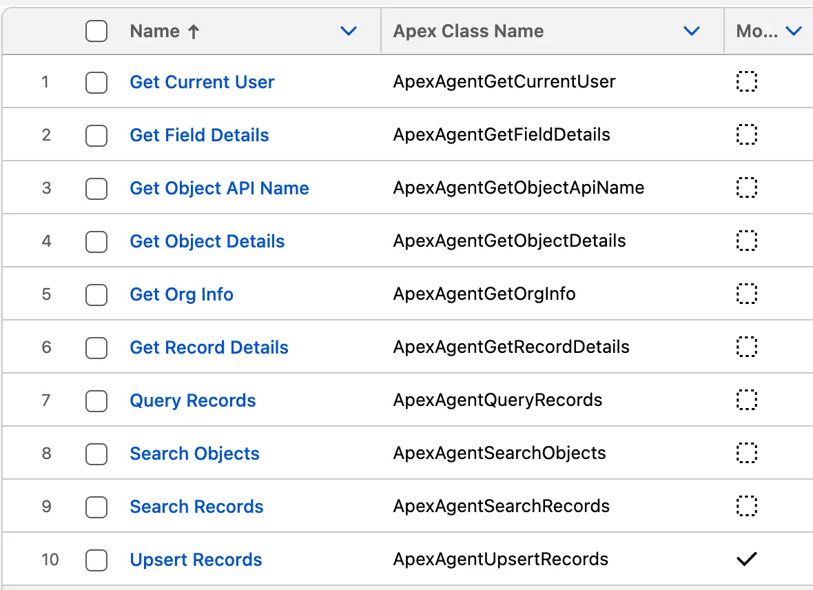 The Agent Tools list in the ApexAgent Setup Portal, showing ten tools with their names and Apex class names. Only Upsert Records is ticked as modifying data.