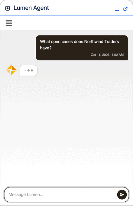 Lumen answering a question about a customer's open cases, then creating a new case after asking for confirmation.